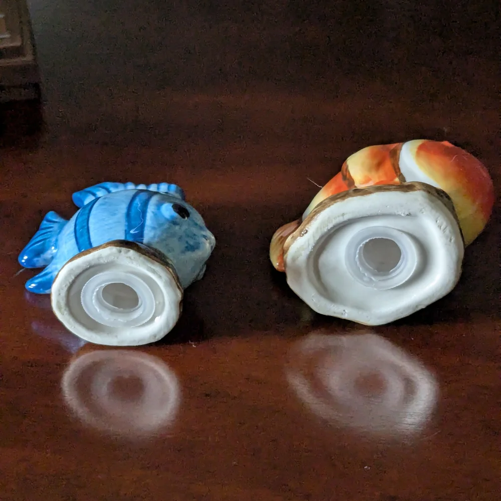 New Ceramic Fish Salt And Pepper Shakers- Blue and Orange